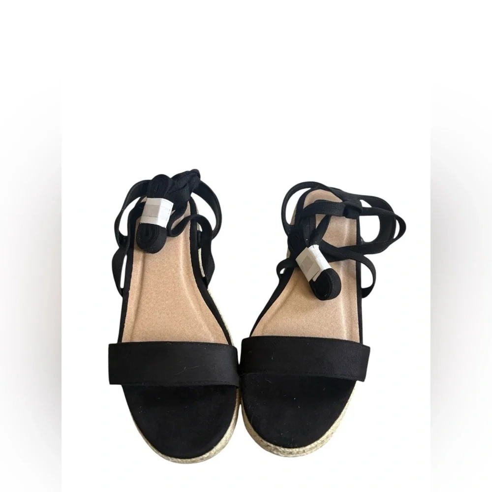 PrettyLittleThing Black Espadrille Platform Wrap Sandals with Tan Jute Sole